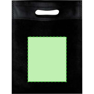 A black reusable grocery bag with a handle and a blank green section for customisation. It has a branding logo.