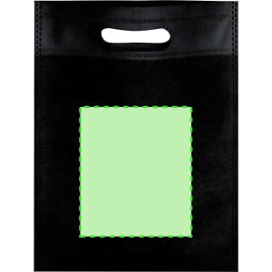 A black reusable grocery bag with a green rectangular area and a handle at the top, featuring a logo.