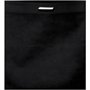 A black reusable grocery bag with a top handle and a simple, smooth design. Features branding on one side.