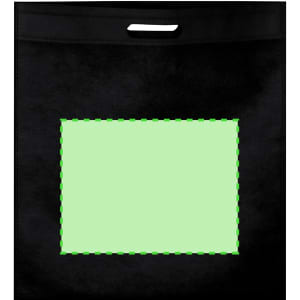 A black reusable grocery bag with a green rectangular outline, featuring a sturdy handle and a simple design.
