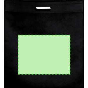 A black reusable grocery bag with a blank green space in the centre, featuring a handle at the top.