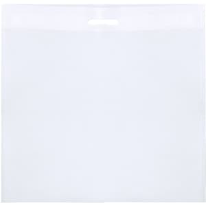 A clear, white bag with a handle, featuring a simple and minimalist design. It has a logo on the surface.