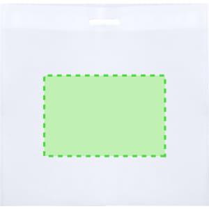 A white Tylok bag with a handle and a green dashed rectangle for customisation. It features a branding logo.