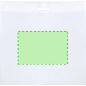 A white Tylok bag featuring a green dashed rectangular area and a handle at the top.