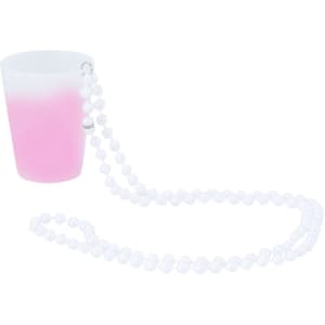 A pink and white shot glass with a pearl chain attachment and a logo.