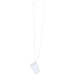A white shot glass attached to a beaded chain, featuring a simple design and a subtle logo.