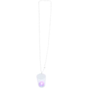 A white shot glass pendant on a beaded chain, featuring a light-up element at the base.