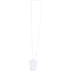 A white shot glass attached to a long, white beaded necklace, featuring a logo.