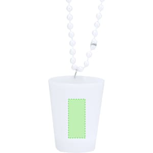 A white shot glass with a necklace of beads, featuring a branding area on its surface.