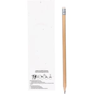 A grey-lead pencil with a wooden shaft and a rubber eraser, accompanied by a plant-related instruction card.