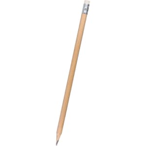 A grey-lead pencil with a wooden shaft and a sharpened end, featuring a small branding logo.