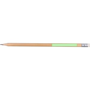A grey-lead pencil with a wooden body and a light green band near the silver ferrule.
