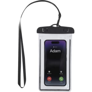 A waterproof phone pouch in clear plastic with a black neck strap, featuring a visible smartphone display.