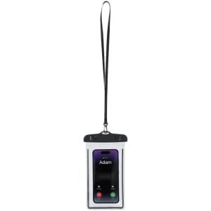 A transparent waterproof phone pouch with a black lanyard, displaying a phone screen showing a call.