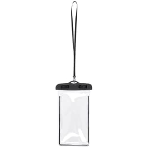 A clear multipurpose bag with a black top and strap, designed for waterproof use. Features a branding logo.