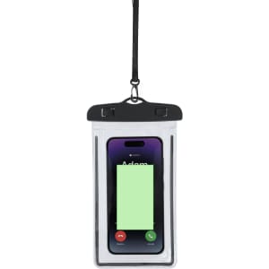 A clear waterproof pouch with a black top, containing a smartphone, suspended by a black strap.