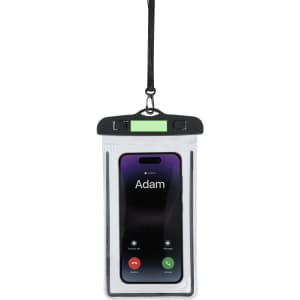 A phone displayed inside a clear waterproof pouch, with a black top and lanyard for easy carrying.