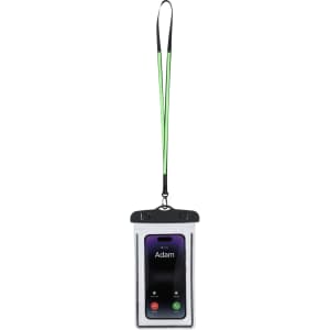A waterproof phone pouch in clear with a black and green lanyard, suitable for protecting devices.