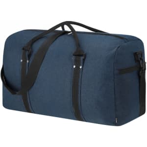 A navy blue duffle bag with black straps and a zippered closure, featuring a logo.
