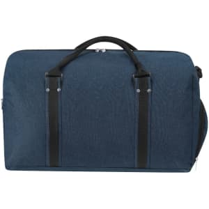 A duffle bag in navy blue with black handles and accents, featuring a sleek, modern design. It has a logo.