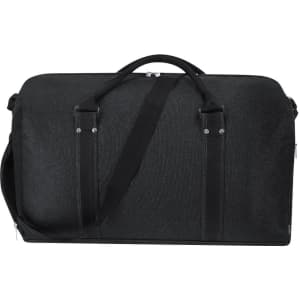 A black duffle bag with dual handles and a long adjustable strap, featuring a logo.