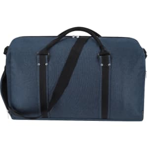 A dark blue duffle bag with black straps and a logo, featuring zip closure and a spacious interior.