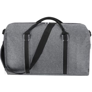 A grey duffle bag with black straps and a zipper, featuring a logo on the surface.