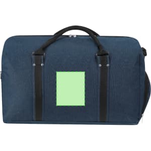 A navy duffle bag with black handles and a blank patch on the front, featuring a zipped side pocket.