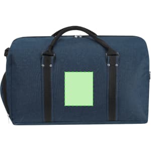 A navy duffle bag with two black straps and a placeholder for branding on the front.
