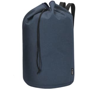 A navy blue duffel bag with a drawstring closure and a logo tag at the side.