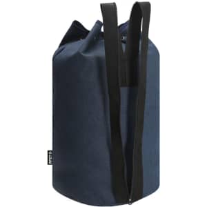 A navy blue duffel bag with a cylindrical shape, featuring dual straps and a logo.