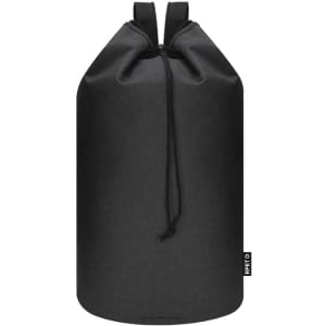 A black duffel bag with a drawstring closure and shoulder straps, featuring a branding logo.
