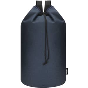 A navy duffel bag with a drawstring closure and two shoulder straps, featuring a logo.