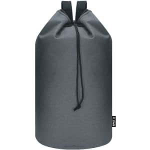 A grey duffel bag with a drawstring closure and adjustable shoulder straps, featuring a small branding tag.