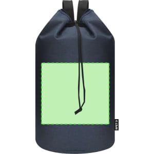 A navy duffel bag with a drawstring closure and a blank square area for branding, featuring adjustable straps.