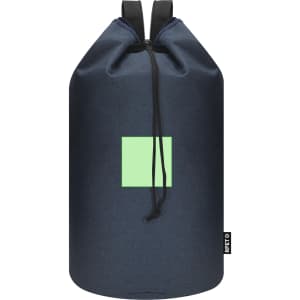 A navy duffel bag with a green square design and black drawstring closure. It features adjustable shoulder straps.