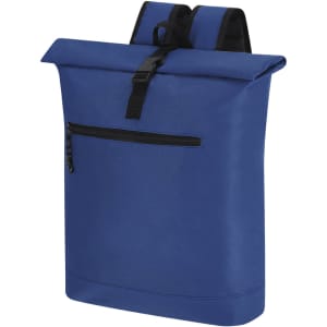 A blue Pular Backpack featuring a roll-top design, adjustable straps, and a front zip pocket.