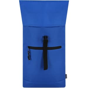 A blue Pular Backpack featuring a roll-top closure and a front zip pocket, equipped with a logo.