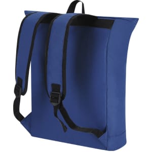 A blue backpack with black straps and a plain design, featuring a logo on the surface.