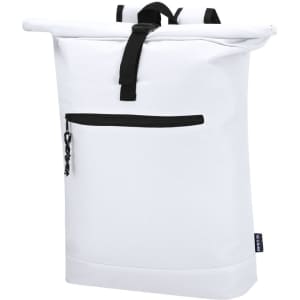 A white roll-top backpack with a front zipper pocket and black accents, featuring adjustable straps and a logo.
