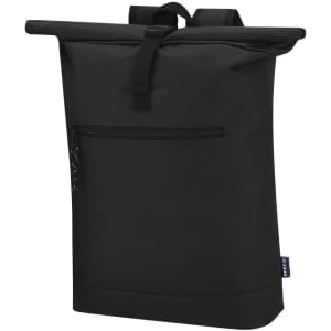 A black Pular Backpack with a roll-top closure, featuring a front zip pocket and adjustable straps.