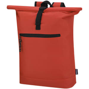 A red roll-top backpack with a front zip pocket and black straps, featuring a branding logo.