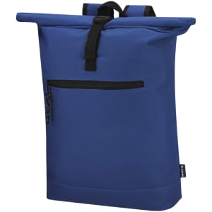 A blue backpack with a roll-top closure and a front zip pocket, featuring a logo on the side.
