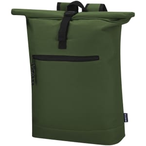 A green Pular Backpack featuring a zippered front pocket and a roll-top design. It has a logo on the side.