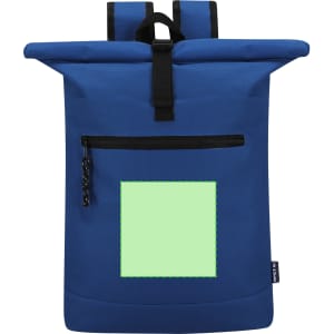 A blue Pular Backpack with a roll-top design, featuring a front zip pocket and a blank square area.
