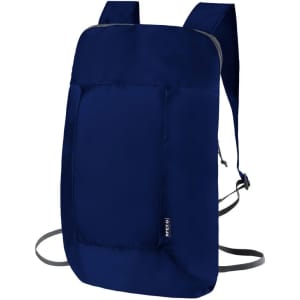 A navy foldable backpack with adjustable straps and a simple design. It features a logo on the side.