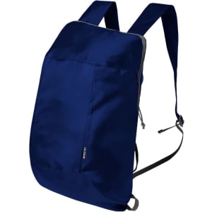 A foldable backpack in navy blue with adjustable straps and a front pocket. It features a logo.