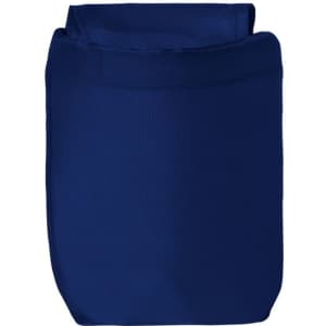 A navy blue foldable backpack with a simple, minimalist design and a small front pocket. It features a logo.