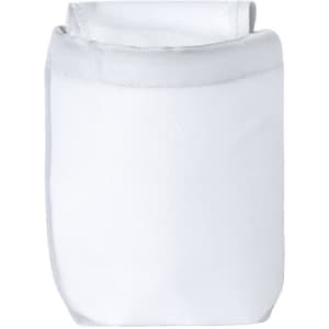 A white foldable backpack with a simple design and a grey top, featuring a logo.
