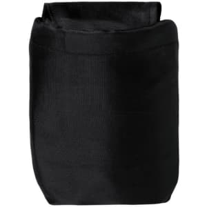A black foldable backpack with a simple design, featuring a logo on the surface.